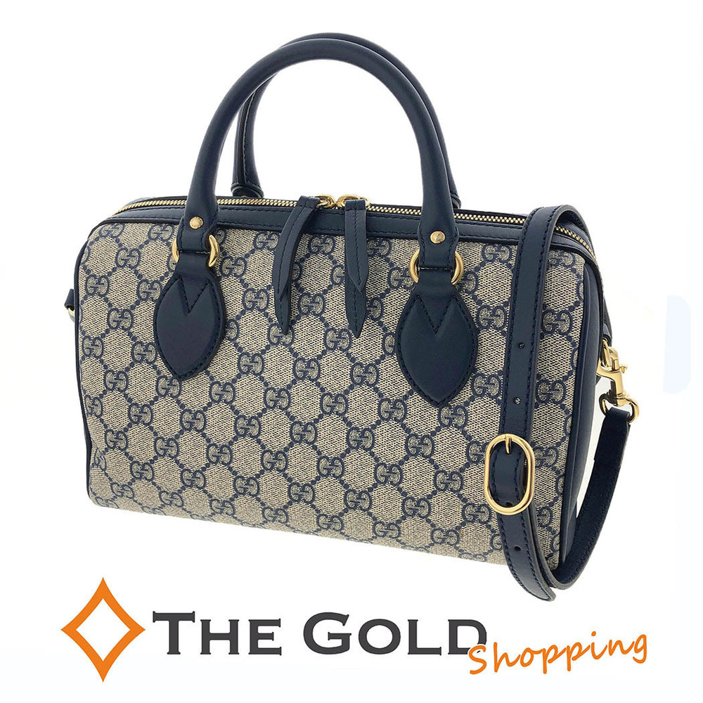 Gucci Boston Bag GG Supreme Canvas Leather Navy Blue